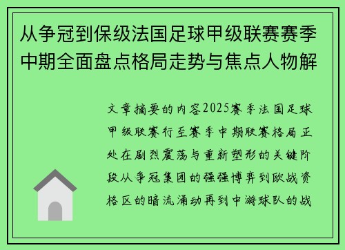 从争冠到保级法国足球甲级联赛赛季中期全面盘点格局走势与焦点人物解析